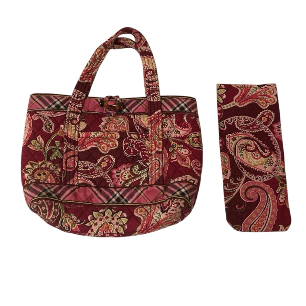 Vera Bradley Small Plum Pink Paisley Floral Tote Purse Bag with Umbrella Cover